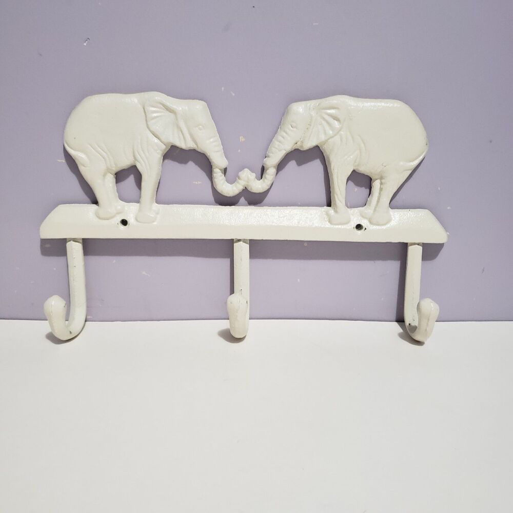 Metal Elephant Coat Key Wall Hook Hanger White Heavy Duty 10" × 6"